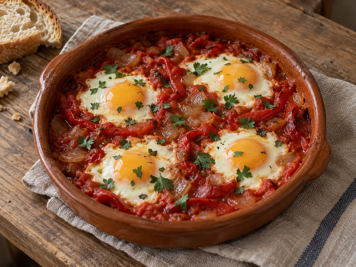 Four baked eggs in tomato and piquillo pepper sauce with parsley