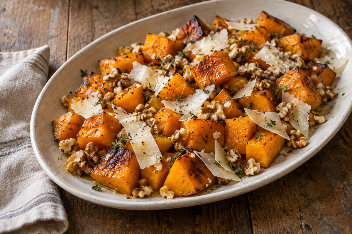 Roasted butternut squash with black garlic Manchego shavings, walnuts and thyme