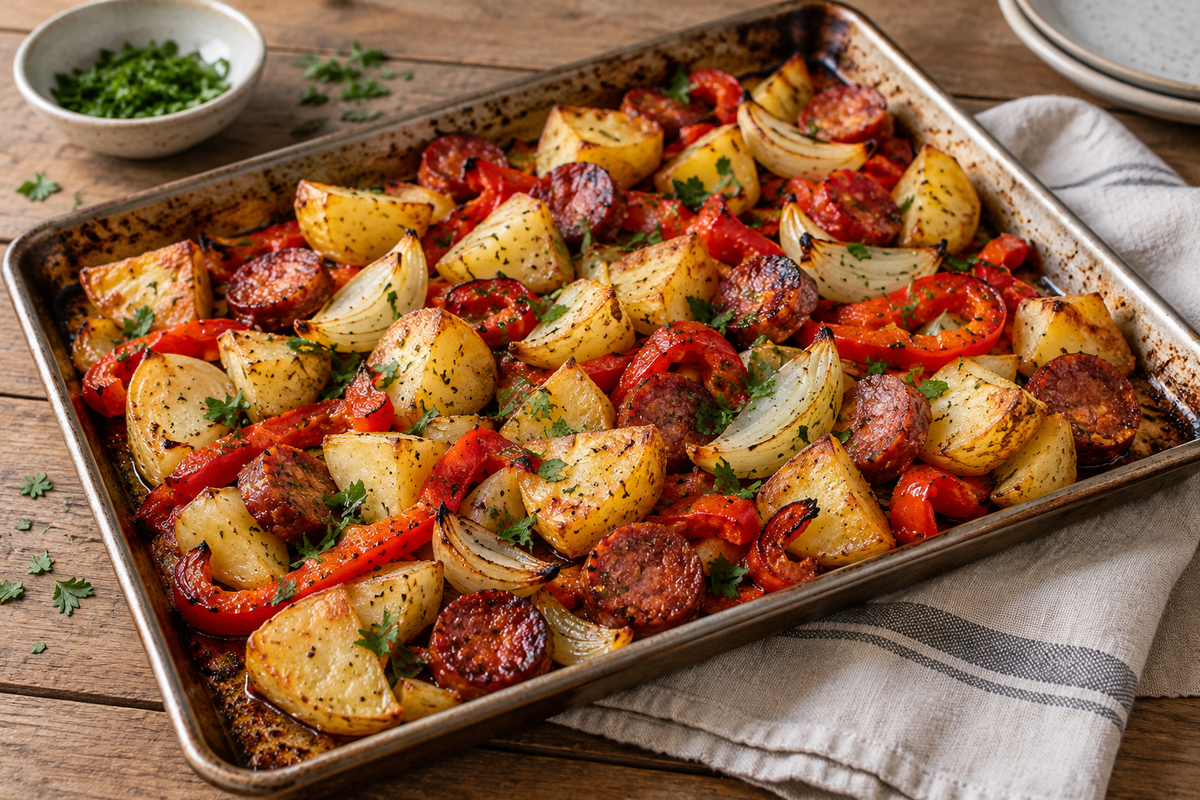 Roast potatoes with chorizo, peppers and onion