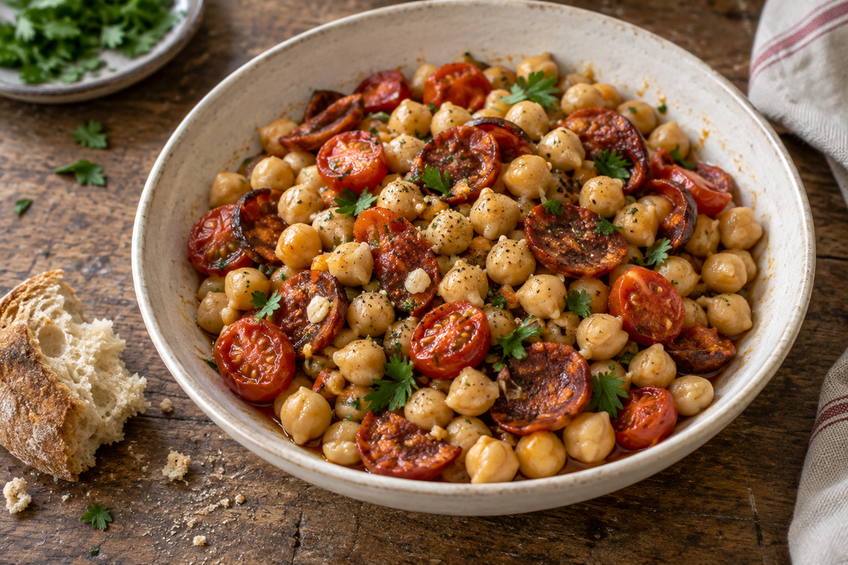 Warm chickpeas with blistered cherry tomatoes, Ibérico chorizo and parsley