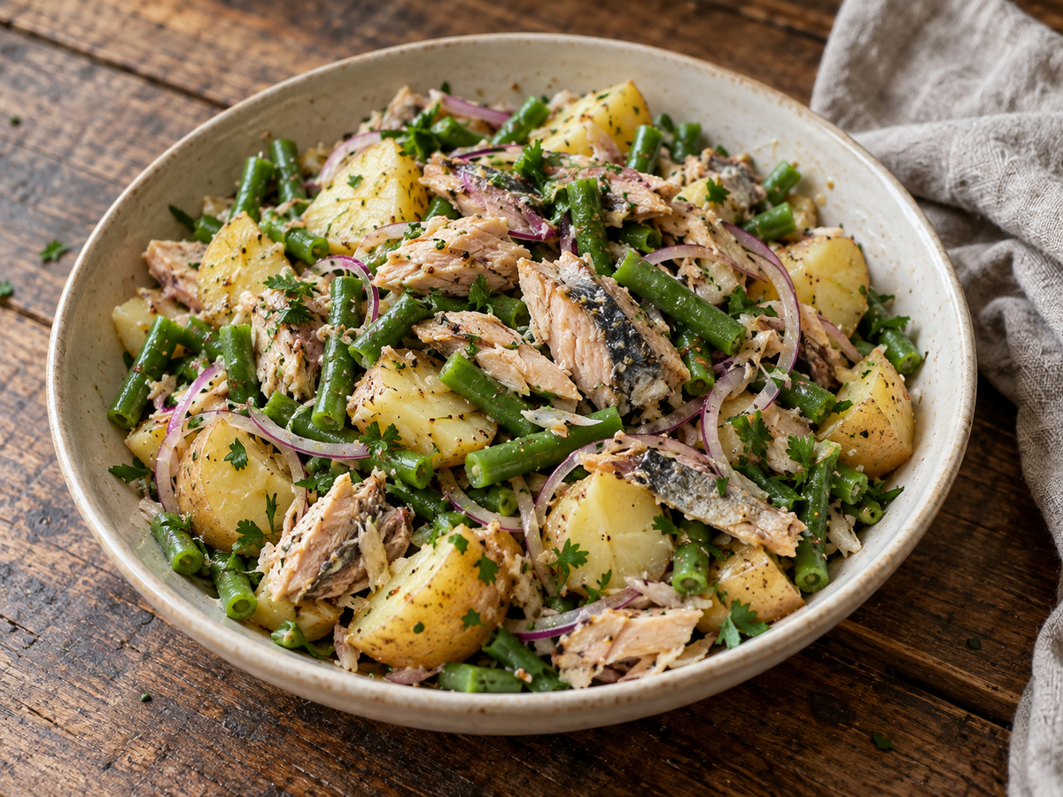 Warm potato salad with La Curiosa mackerel, green beans, red onion and parsley