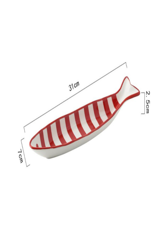 Hand Printed Fish Shape Ceramic Plate: Long Red