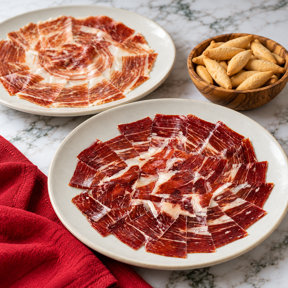 Close view of hand-carved Bellota and Cebo Ibérico ham with a bowl of Picos Camperos, serving suggestion