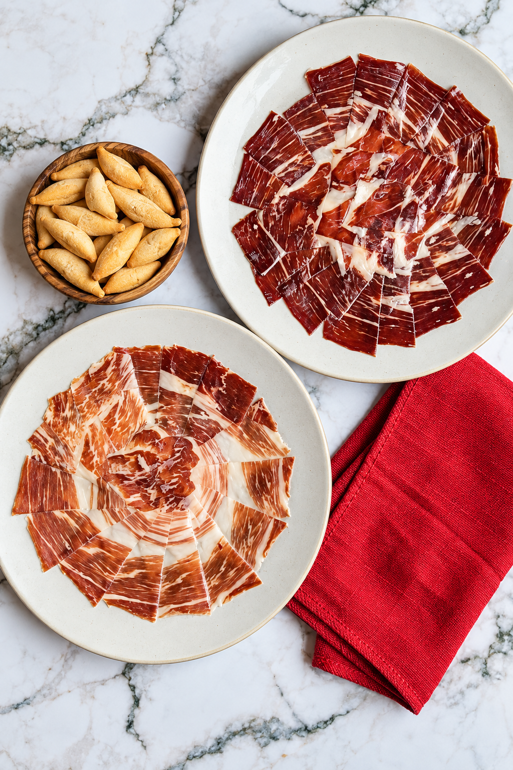 Acorn & Grain: hand-carved Bellota and Cebo Ibérico ham on two plates, with Picos Camperos shown as a serving suggestion