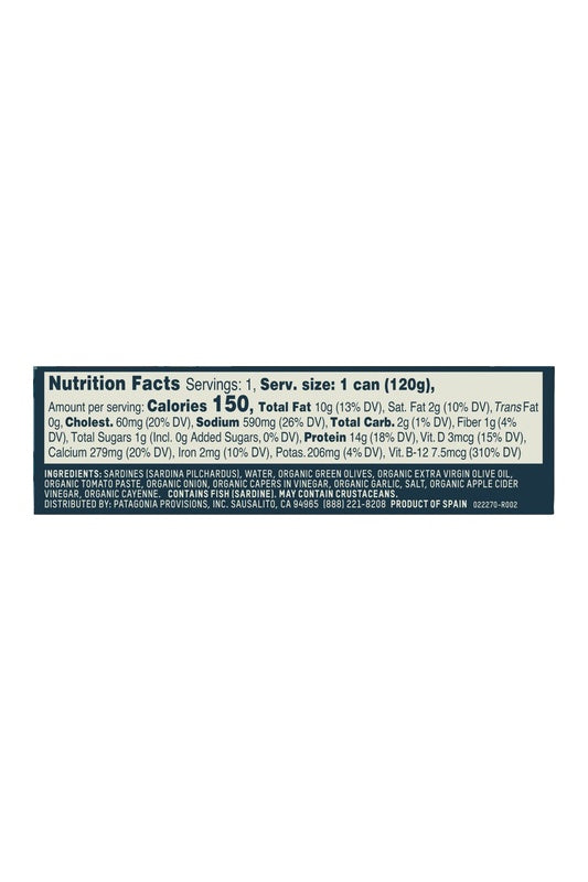 Patagonia Sardines in Tomato Sauce with olives and capers, 120g — nutrition and ingredients panel
