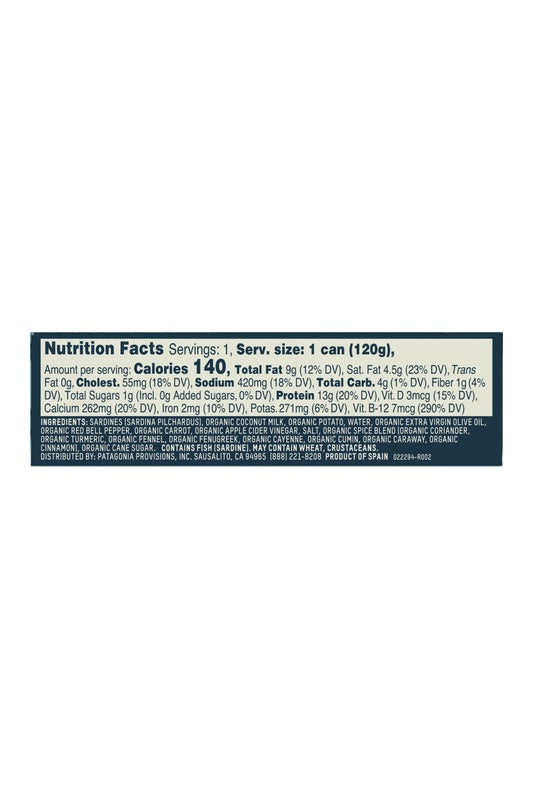 Patagonia Sardines in Coconut Curry Sauce — nutrition and ingredients panel