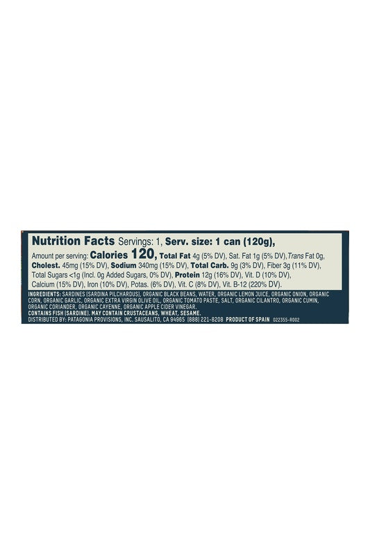Patagonia Provisions Sardines with Black Beans, Corn & Salsa, 120g — nutrition and ingredients panel