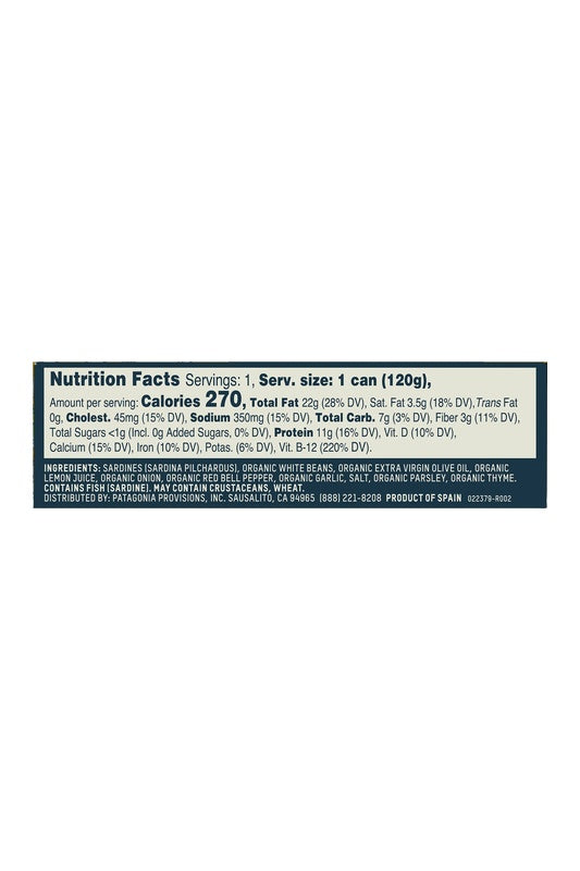 Patagonia Sardines + White Beans with Lemon, Garlic & Leeks, 120 g — nutrition and ingredients panel