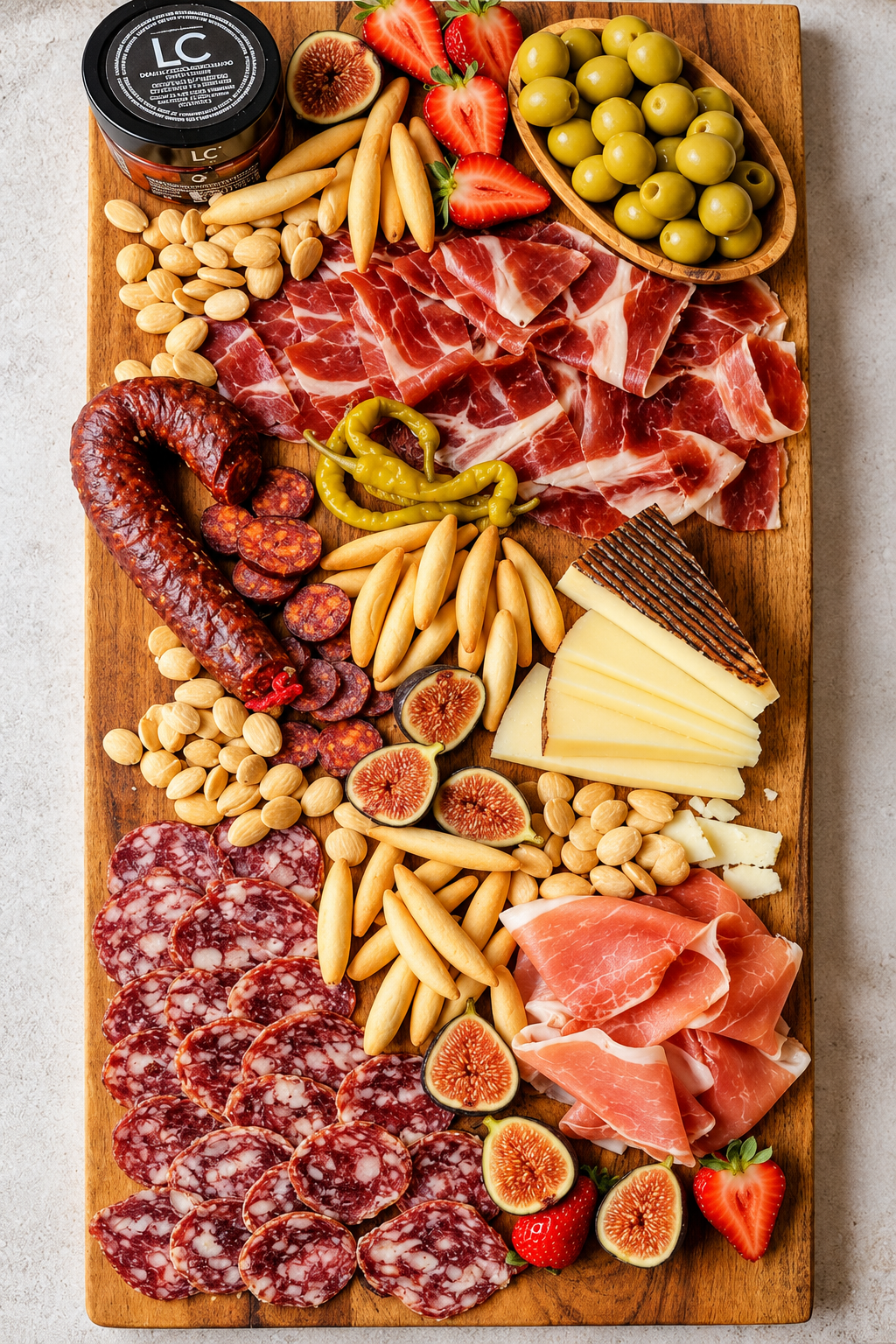 Primavera Charcutería Selection serving suggestion with Ibérico and Serrano ham, chorizo, salchichón, Manchego, olives, almonds and picos; board and fruit not included