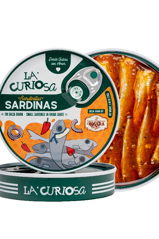 Tin of La Curiosa sardines with salsa brava