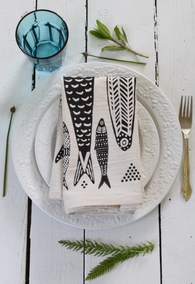 Sardines Tea Towel in Black - Organic Cotton - Fish Print