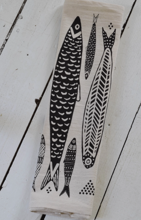 Sardines Tea Towel in Black - Organic Cotton - Fish Print