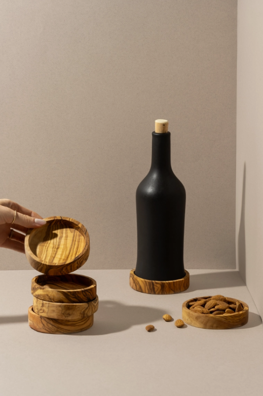Versatile Olive Wood Bottle Stand and Snack Bowl